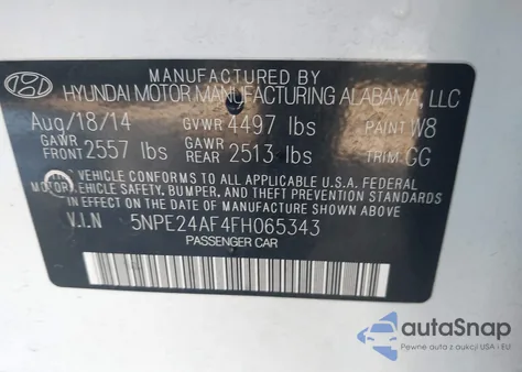 2015 Hyundai Sonata Se z USA, uszkodzony, nr VIN 5NPE24AF4FH065343